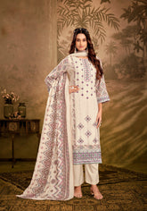 Ambarlyn Partywear Ivory Rayon Salwar Kameez Womens Embroidered Sequins with Back Printed